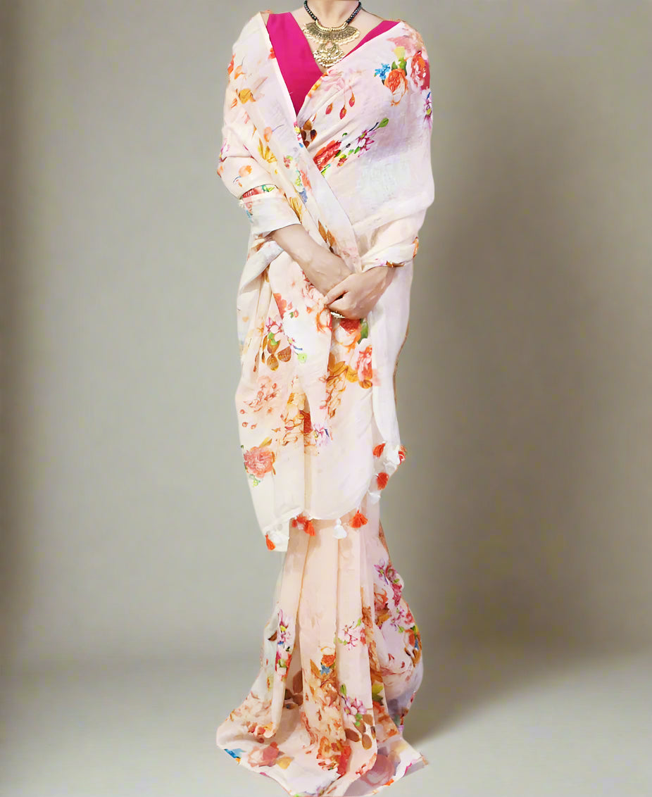 Peach Floral Digital Printed Linen Saree