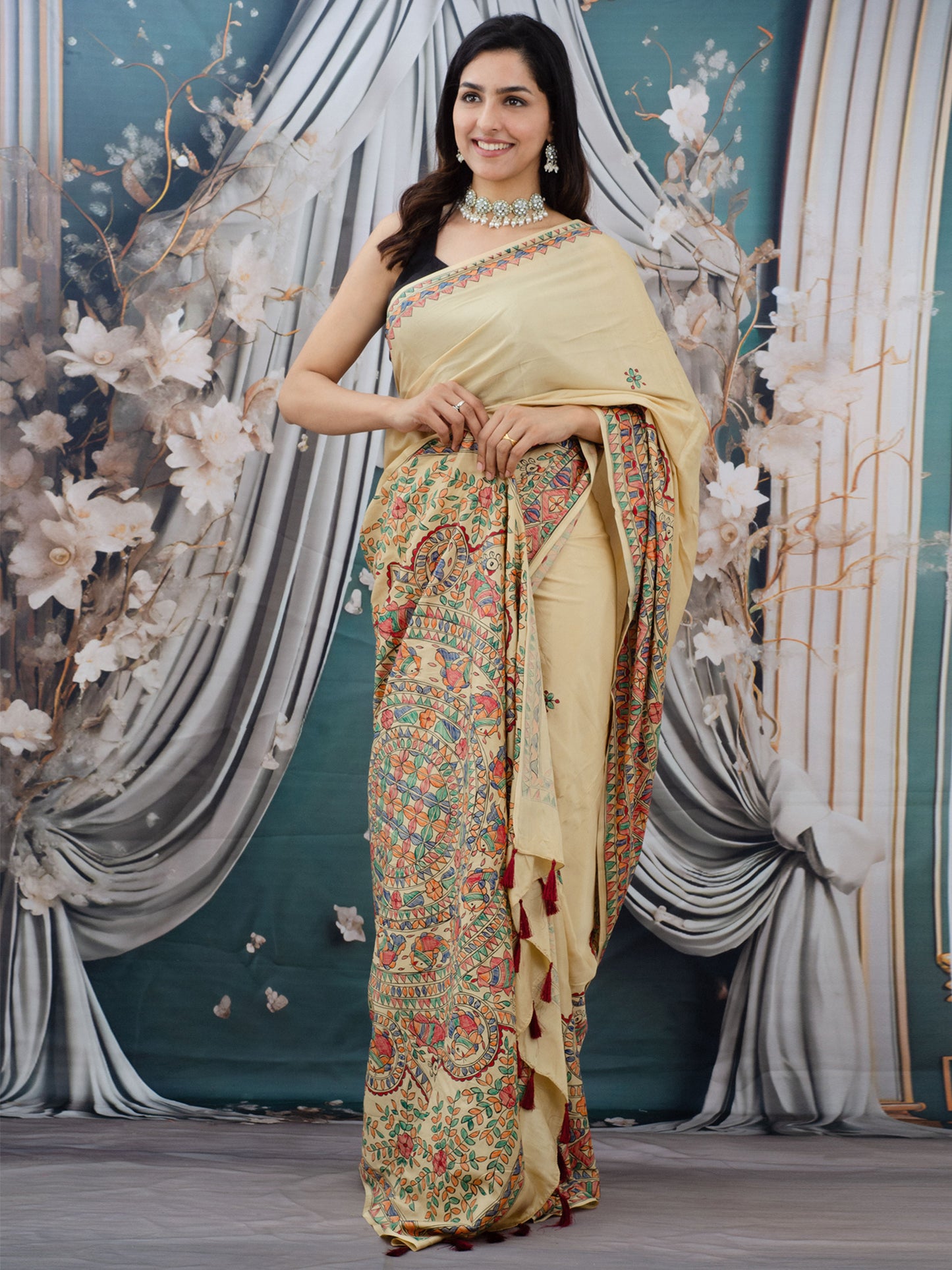Beige Madhubani Hand Painted Natural Crepe Saree
