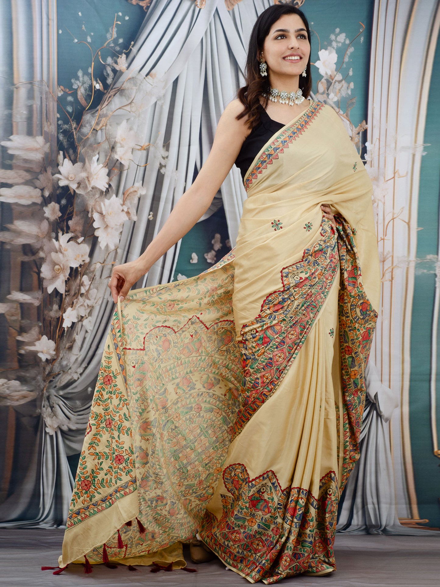Beige Madhubani Hand Painted Natural Crepe Saree