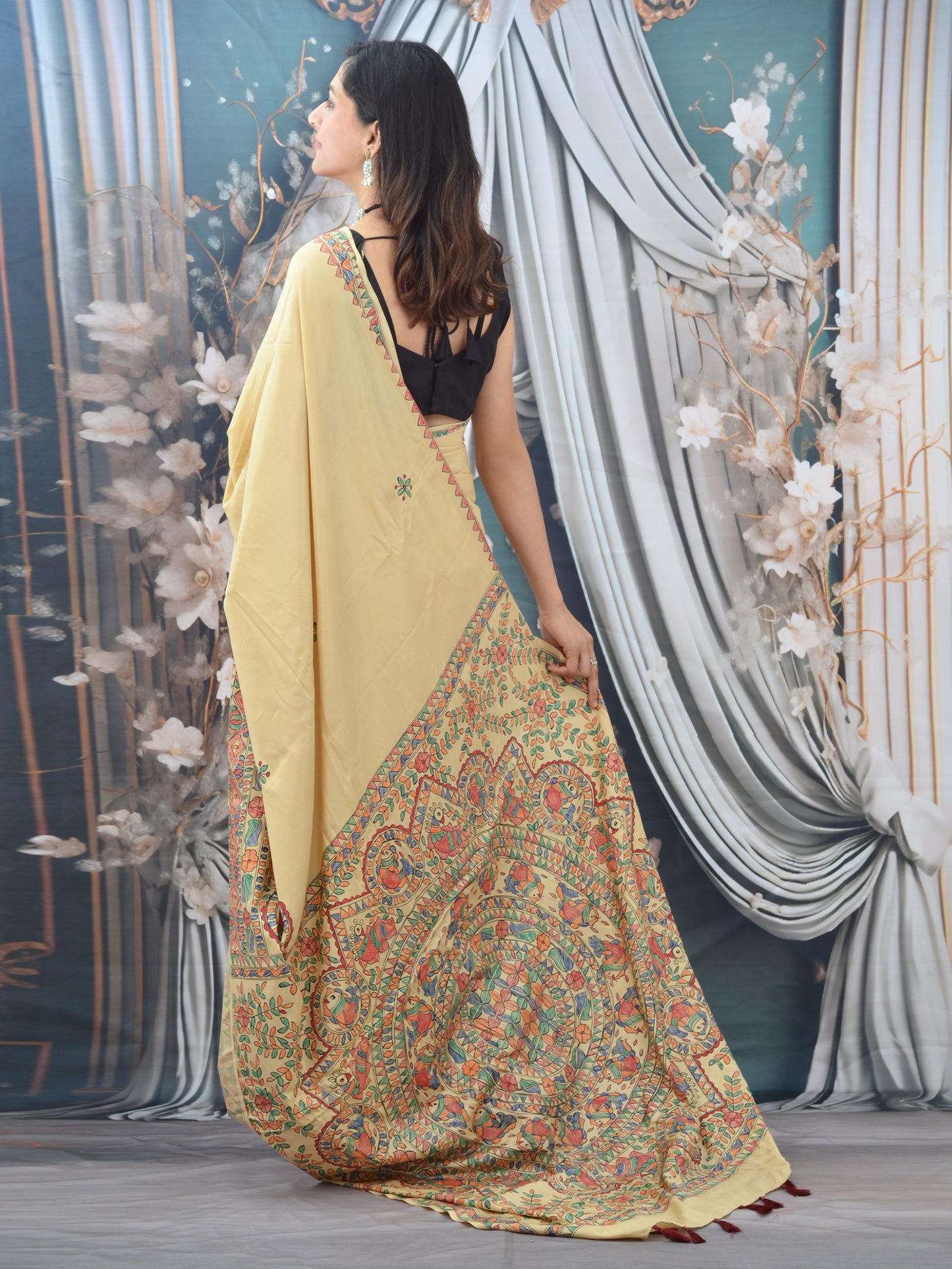 Beige Madhubani Hand Painted Natural Crepe Saree