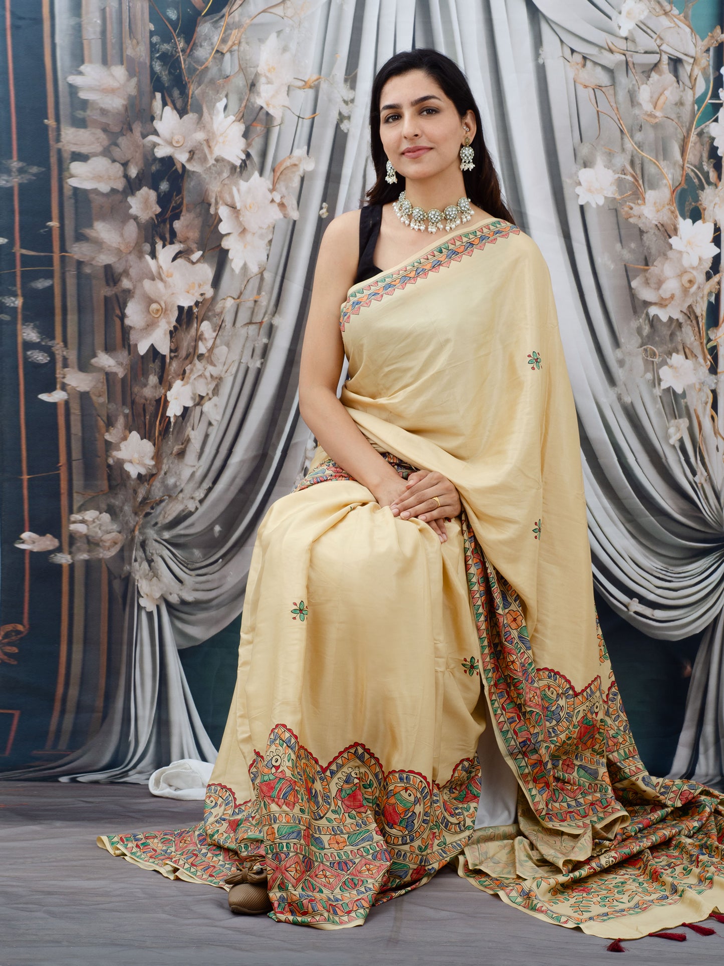 Beige Madhubani Hand Painted Natural Crepe Saree
