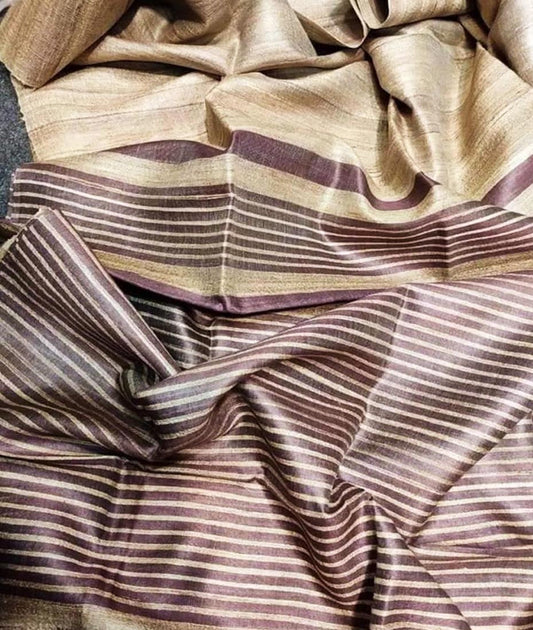 Beige and Firozi Tusser Ghicha Silk Saree |Peepal Clothing