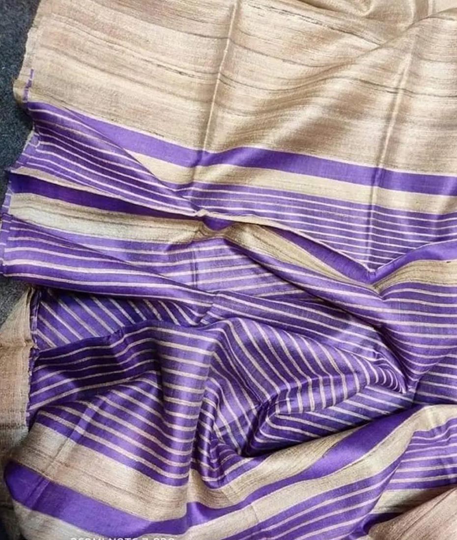 Beige and Indigo Tusser Ghicha Silk Saree |Peepal Clothing