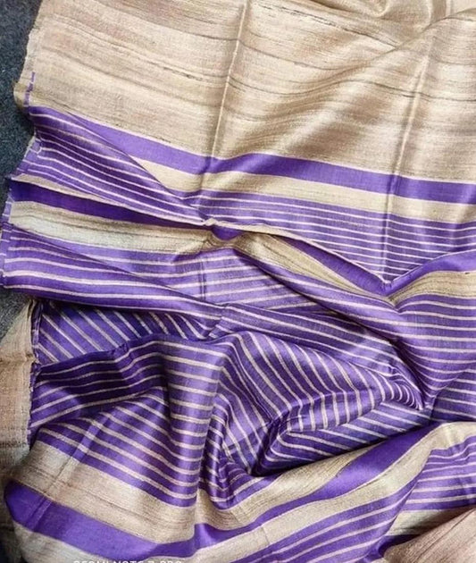 Beige and Indigo Tusser Ghicha Silk Saree |Peepal Clothing
