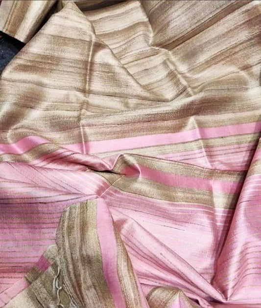 Beige and Pastel Pink Tussar Ghicha Silk Saree