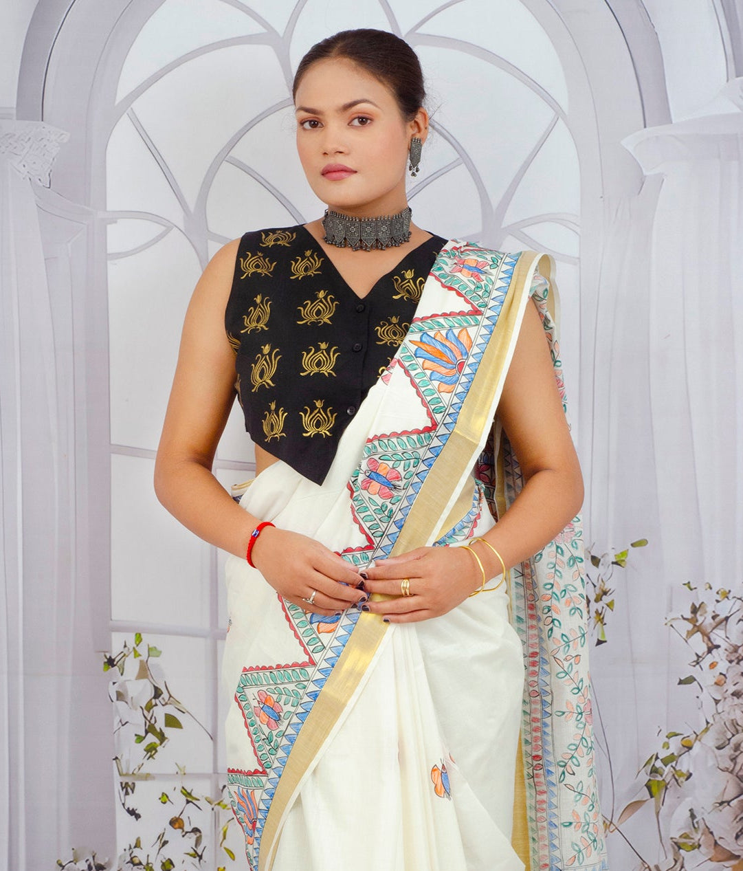 Black Madhubani Hand Painted Woman’s Cotton Waistcoat