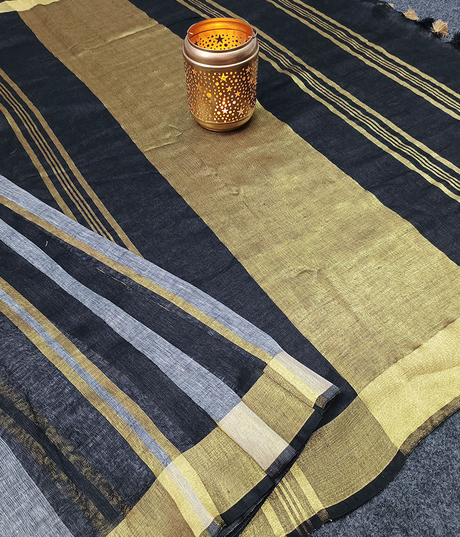 Black and Grey Striped Handloom Pure Linen Saree