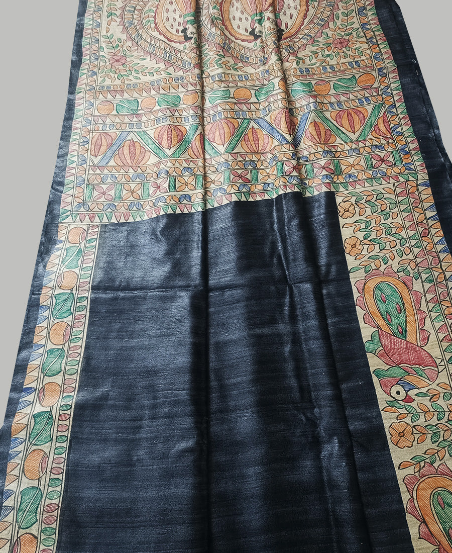 Black Madhubani Hand Painted Tussar Ghicha Silk Saree