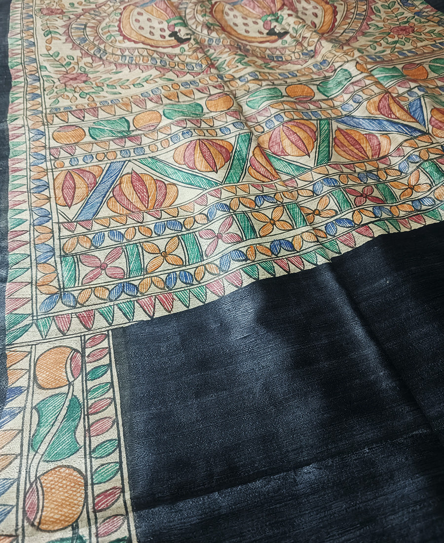 Black Madhubani Hand Painted Tussar Ghicha Silk Saree
