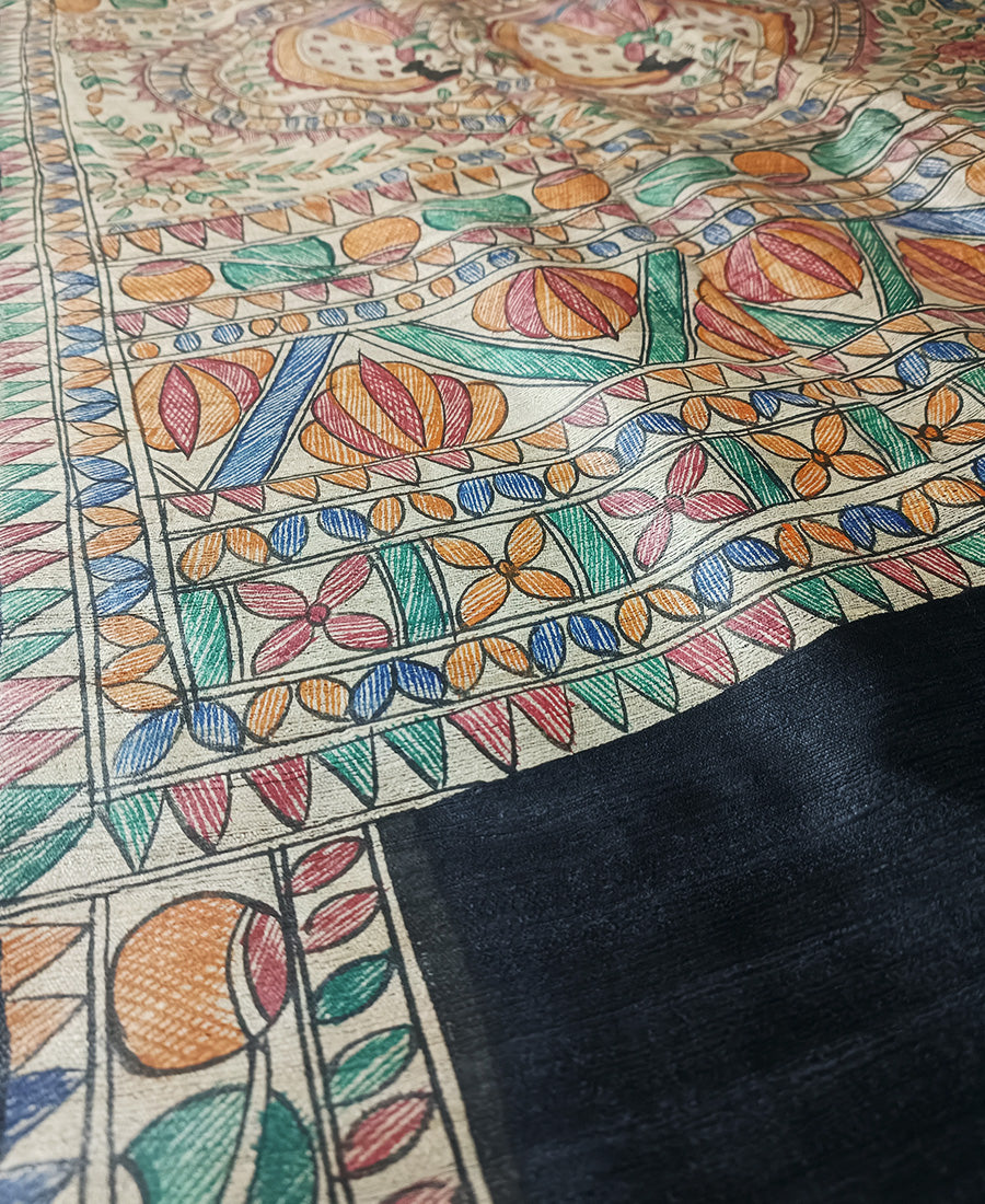 Black Madhubani Hand Painted Tussar Ghicha Silk Saree