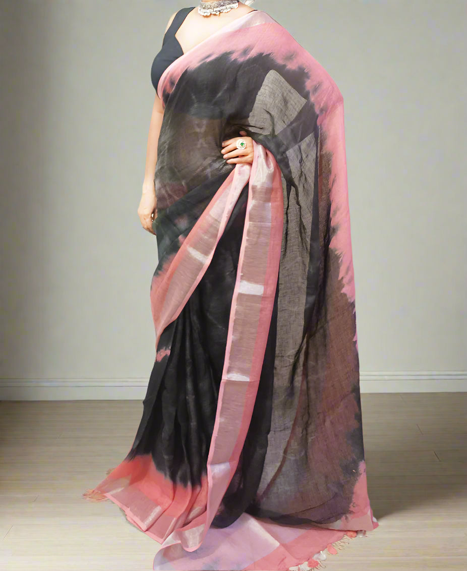 Black Tie & Dye Pure Linen Saree