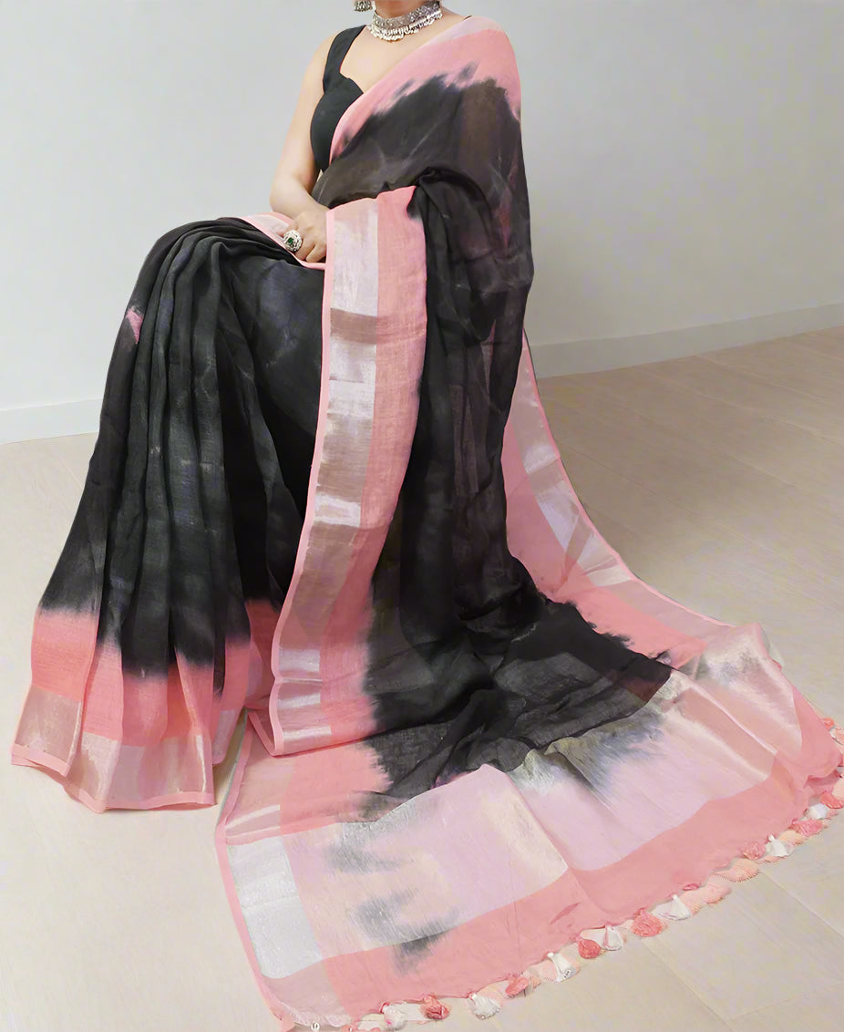 Black Tie & Dye Pure Linen Saree