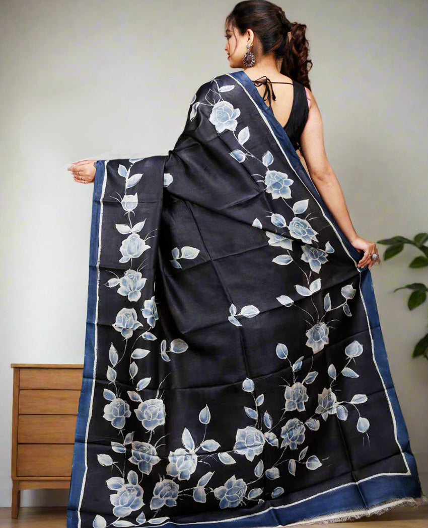 Black Floral Motif Kalamkari Silk Saree