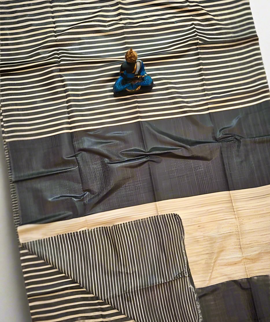 Black Striped Tusser Ghicha Silk Saree |Peepal Clothing