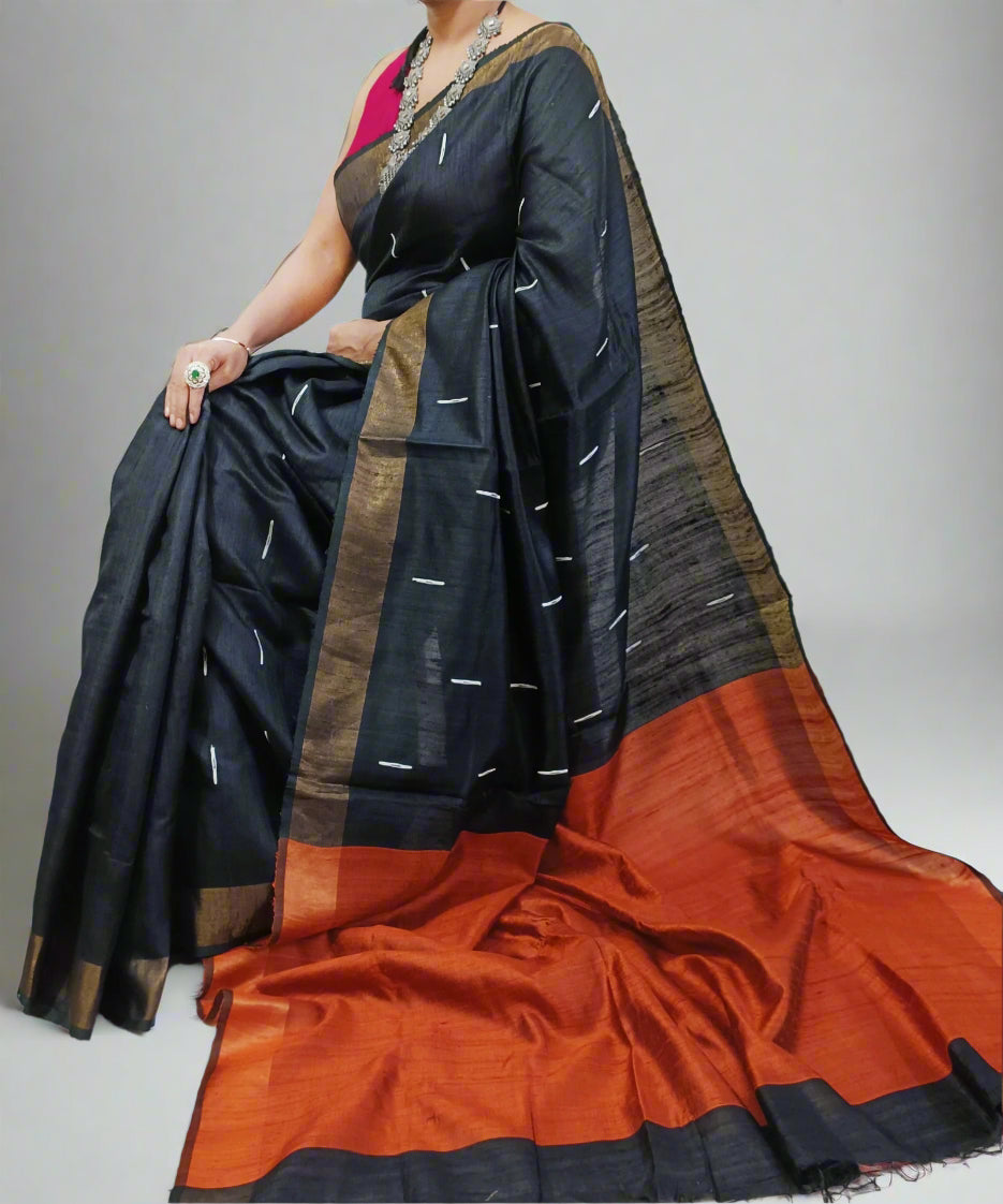 Black and Bronze Tussar Raw Silk Saree