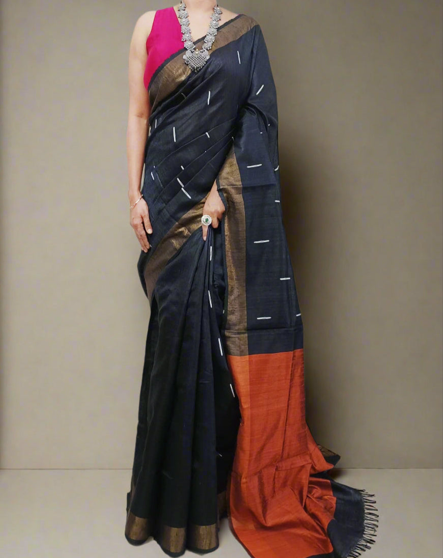 Black and Bronze Tussar Raw Silk Saree3