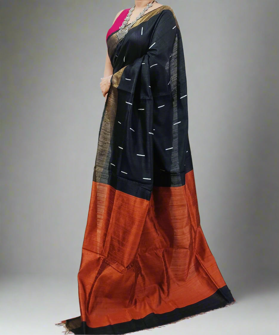 Black and Bronze Tussar Raw Silk Saree4