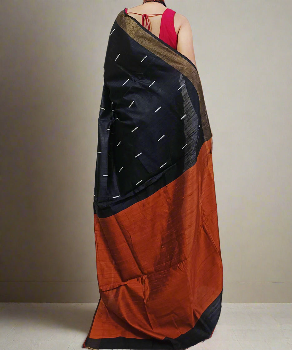 Black and Bronze Tussar Raw Silk Saree5