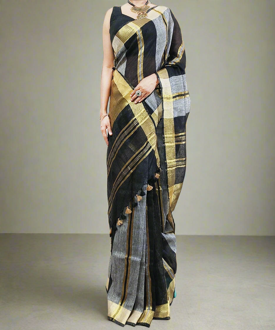 Black and Grey Striped Handloom Pure Linen Saree