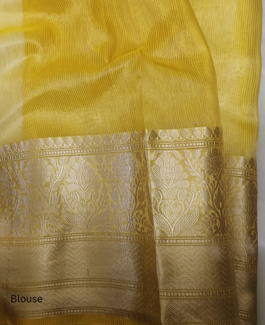 White Pure Silk Linen Banarasi Saree with Contrast Yellow Border