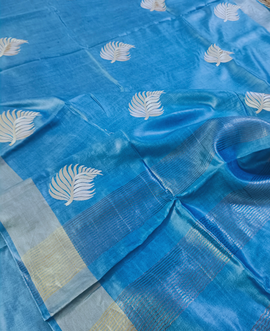 Blue Tussar Munga Embroidered Silk Saree