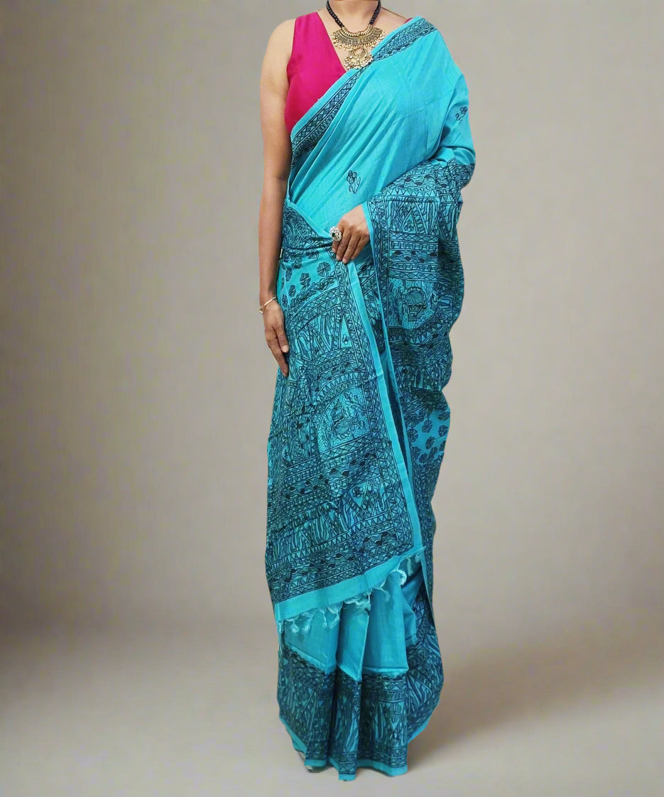 Firozi Madhubani Hand Painted Munga Silk Saree