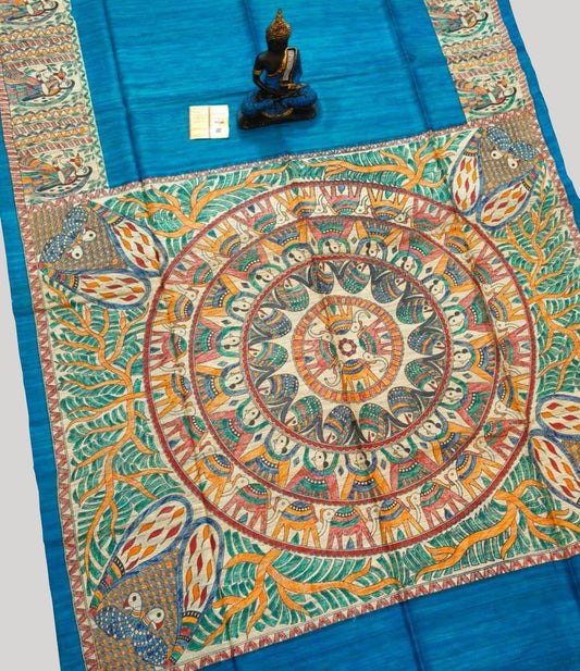 Blue Madhubani Hand Painted Tussar Ghicha Silk Saree | Peepal Clothing