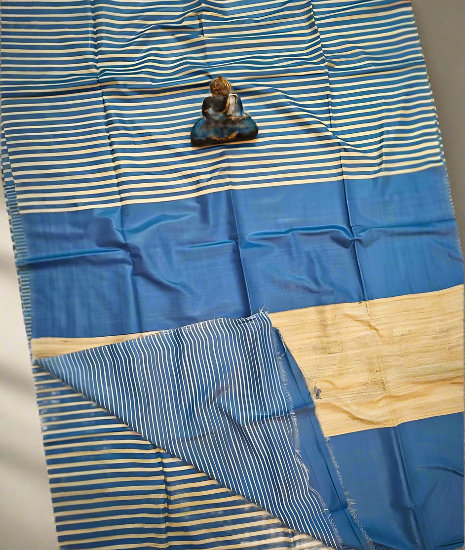 Blue Striped Tusser Ghicha Silk Saree |Peepal Clothing