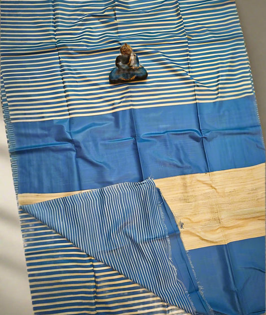 Blue Striped Tusser Ghicha Silk Saree |Peepal Clothing