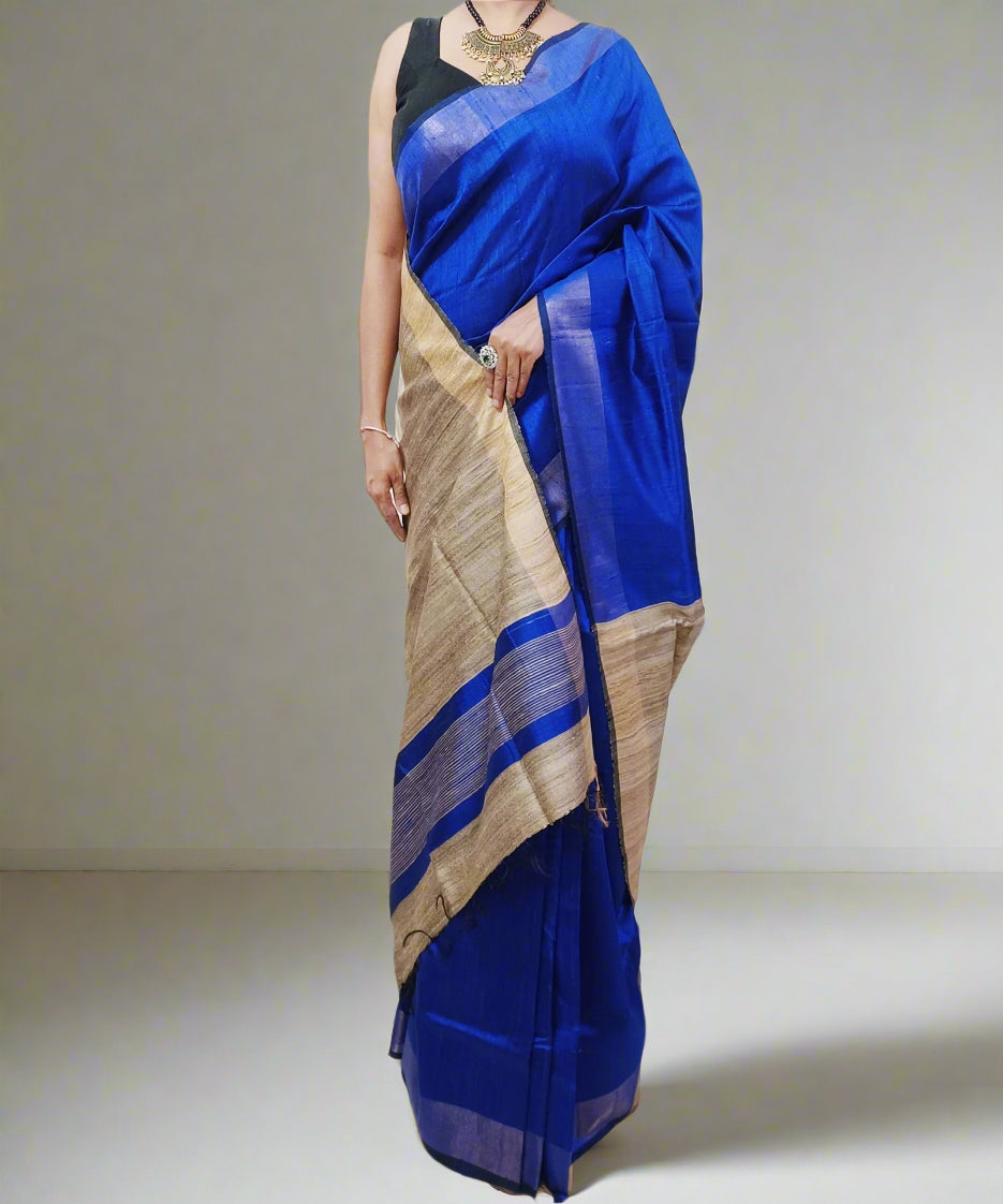 Blue and Natural Tussar Raw Silk Saree1