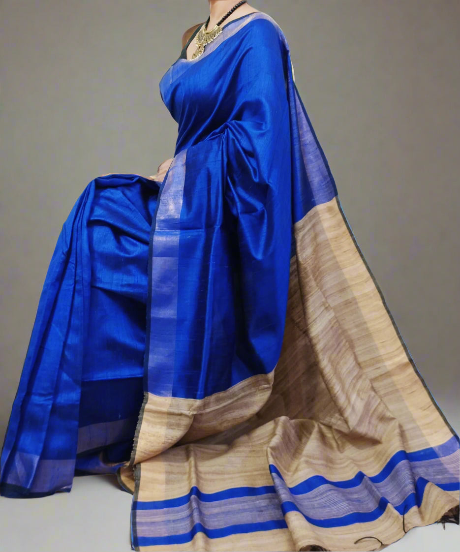 Blue and Natural Tussar Raw Silk Saree2