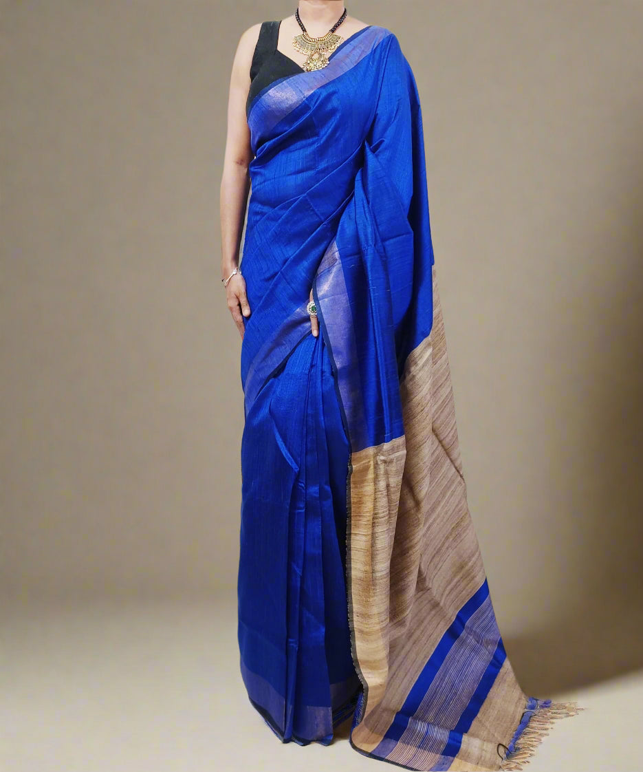 Blue and Natural Tussar Raw Silk Saree3