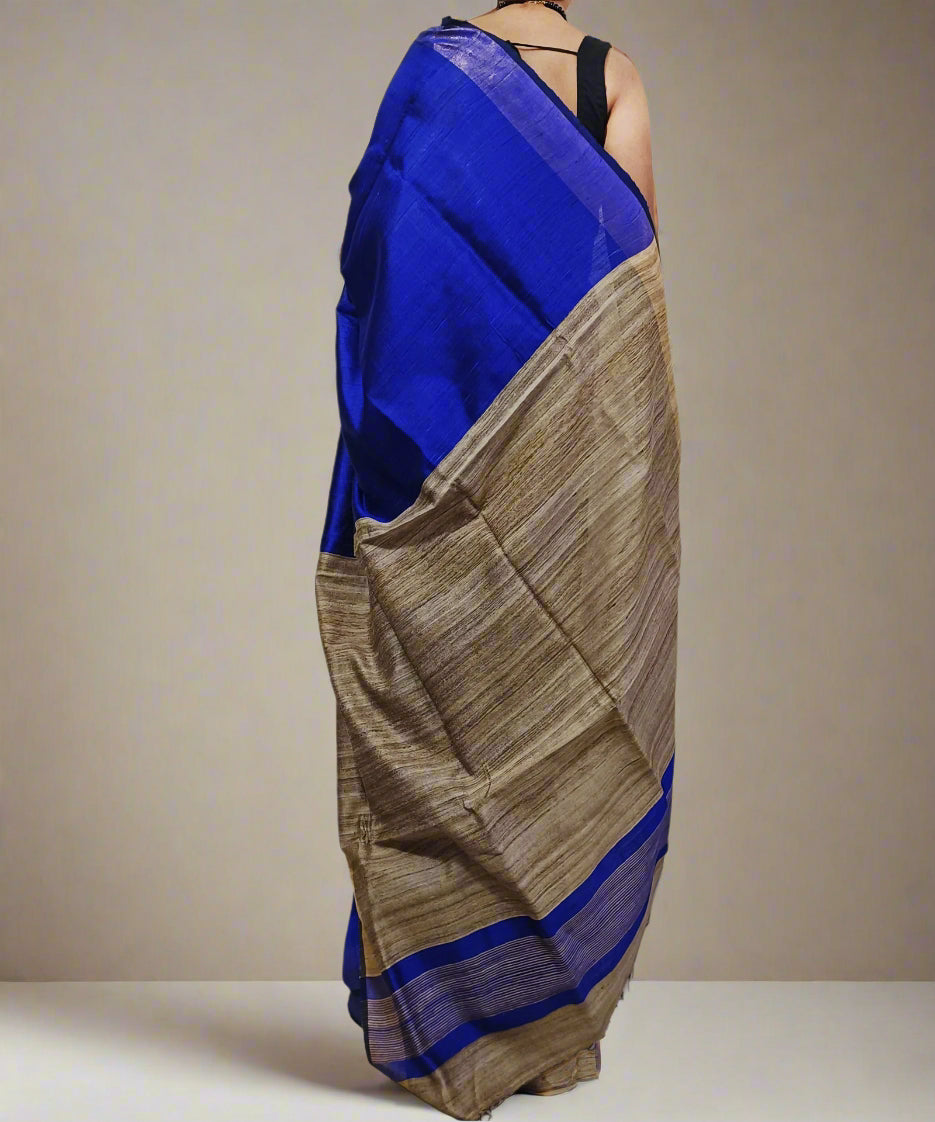 Blue and Natural Tussar Raw Silk Saree4