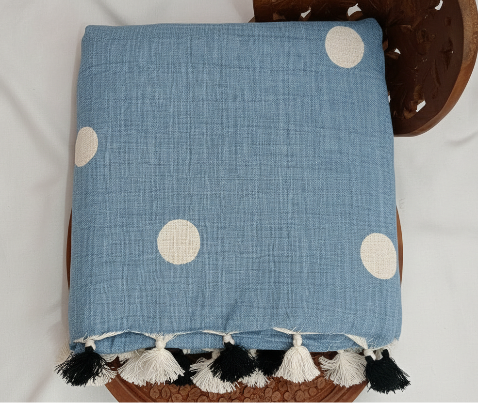 Embroidered Polka Dot Blue Cotton Slub Saree