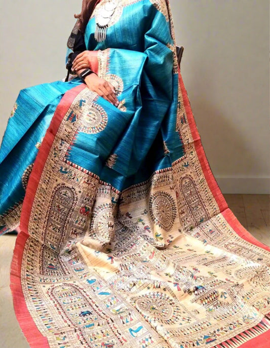 Blue Worli Printed Tussar Ghicha Silk Saree
