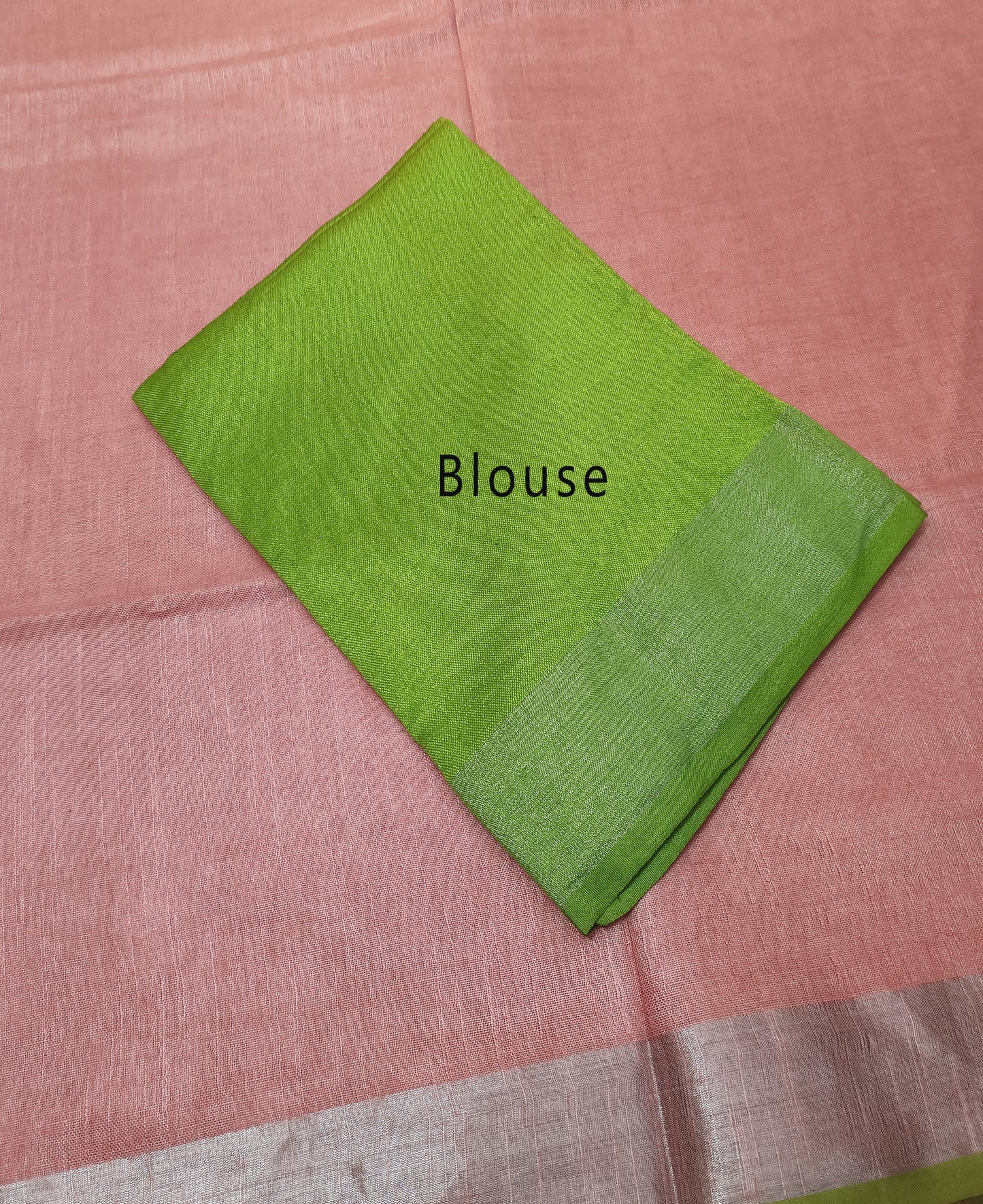 Blush Pink Cotton Slub Saree with Contrast Green Border & Silver Zari Pallu