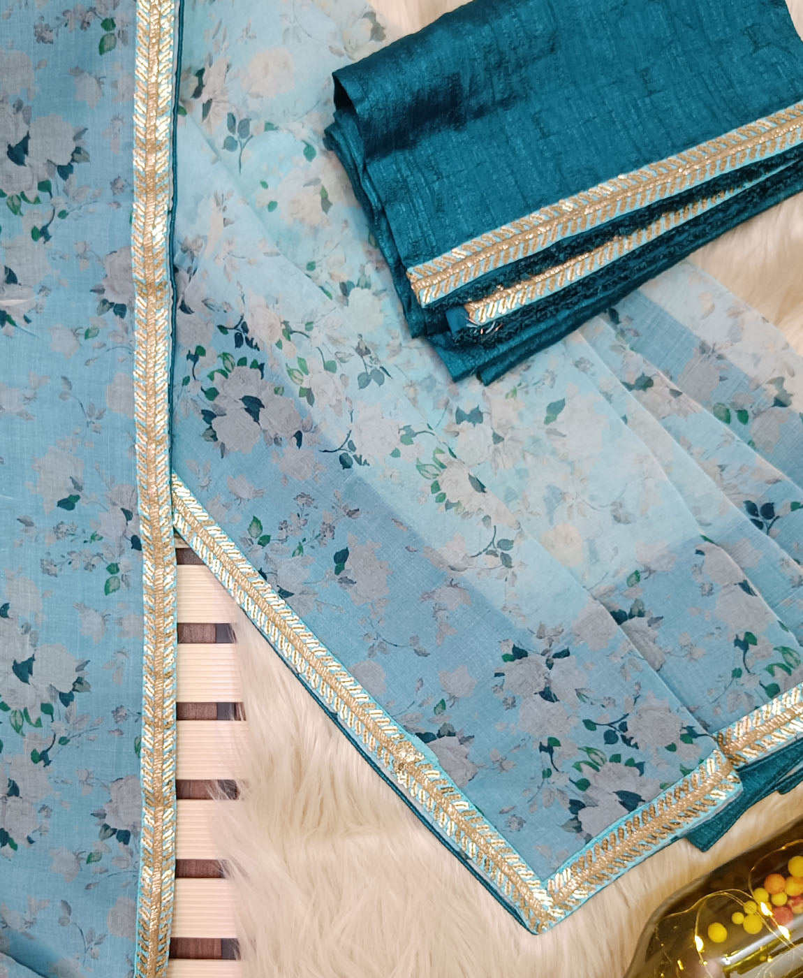 Bottle Green Printed Organza Saree