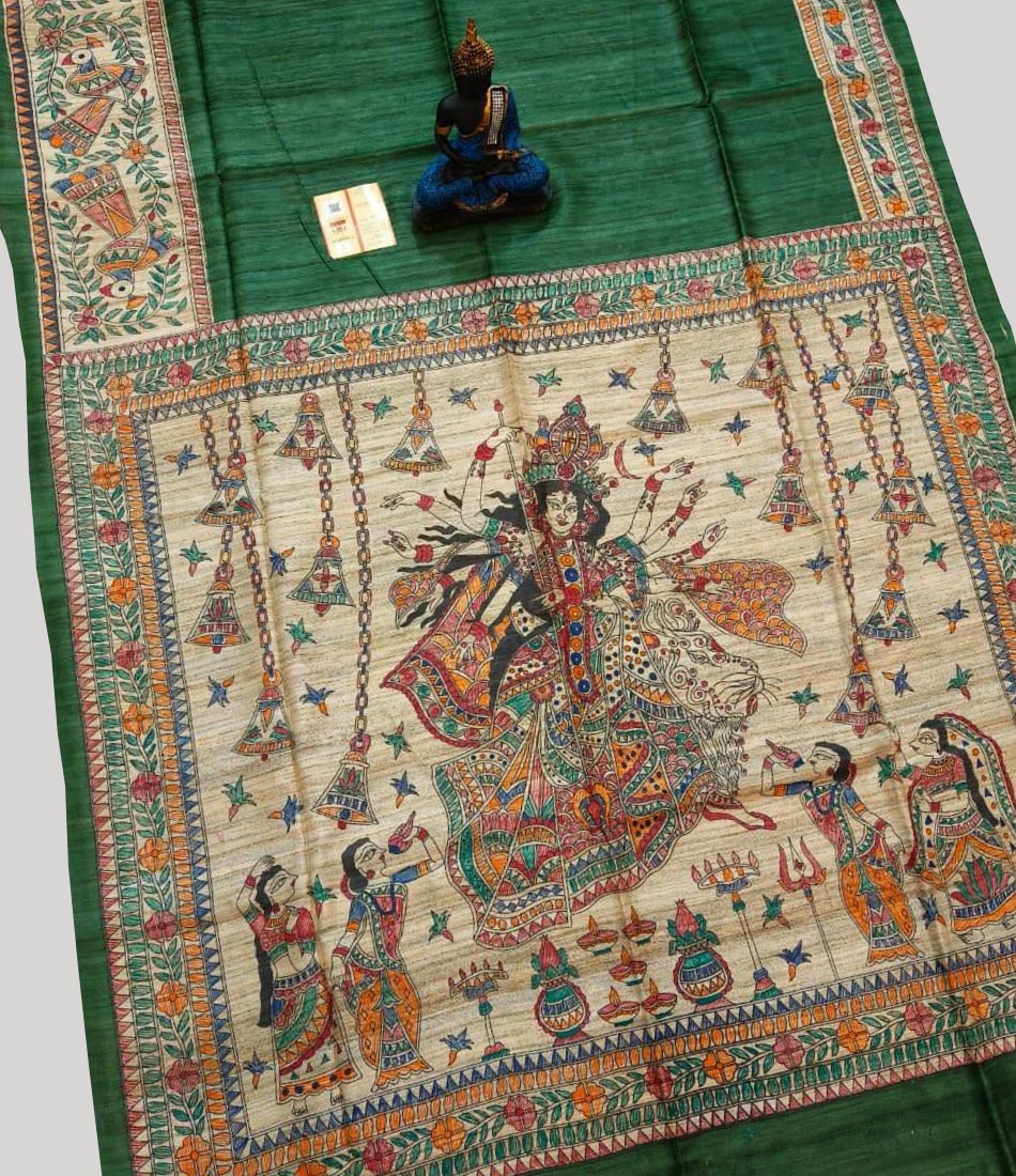 Bottle Green Madhubani Hand Painted Tussar Ghicha Silk Saree | Peepal Clothing