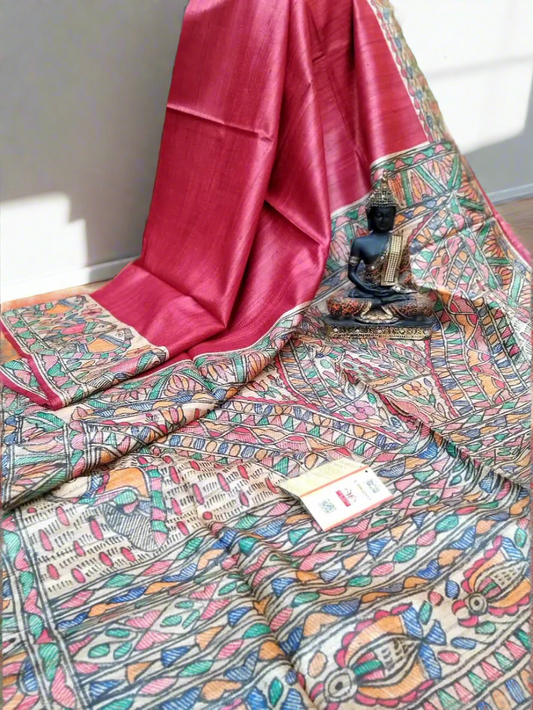Cerise Madhubani Hand Painted Tussar Silk Saree