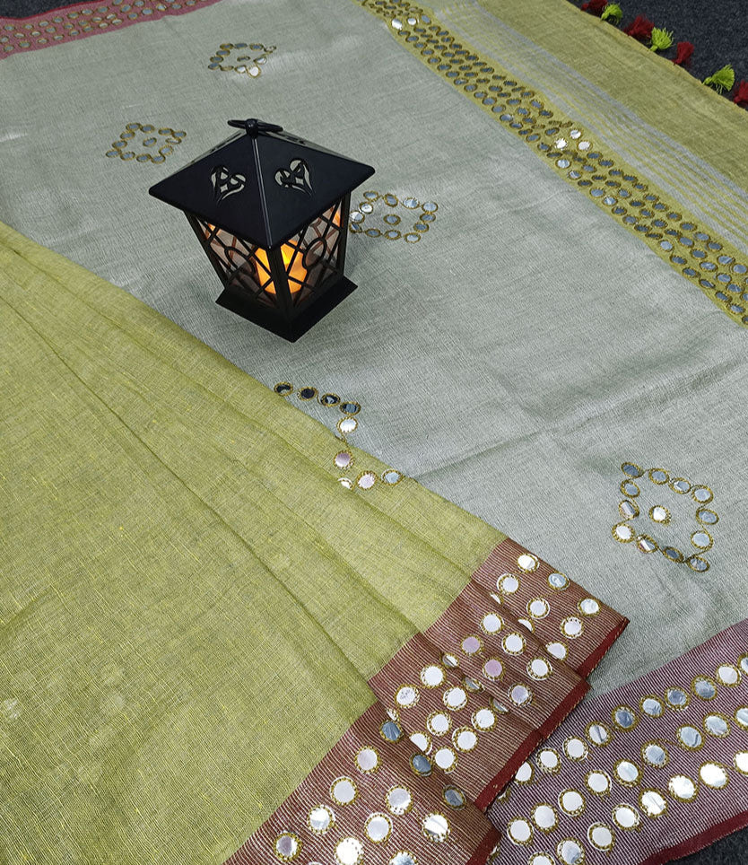 Corn Yellow Mirror Embroidered Linen Saree