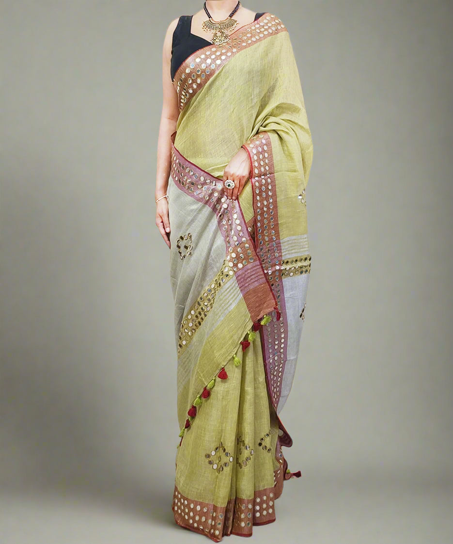 Corn Yellow Mirror Embroidered Linen Saree