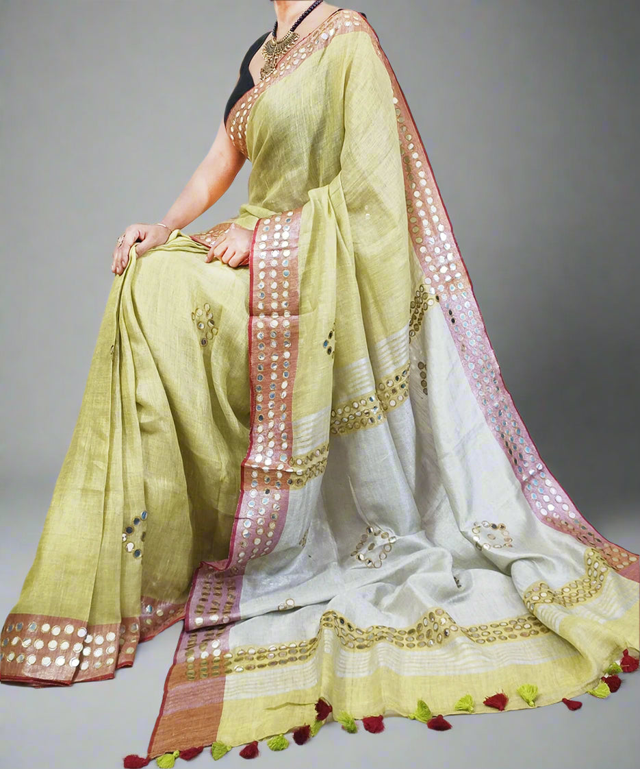 Corn Yellow Mirror Embroidered Linen Saree