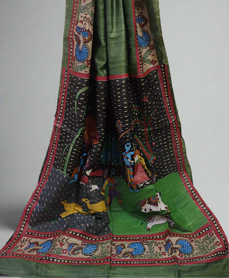 Dark Green Madhubani Hand-Painted Desi Tussar Silk Saree | Peepal Clothing