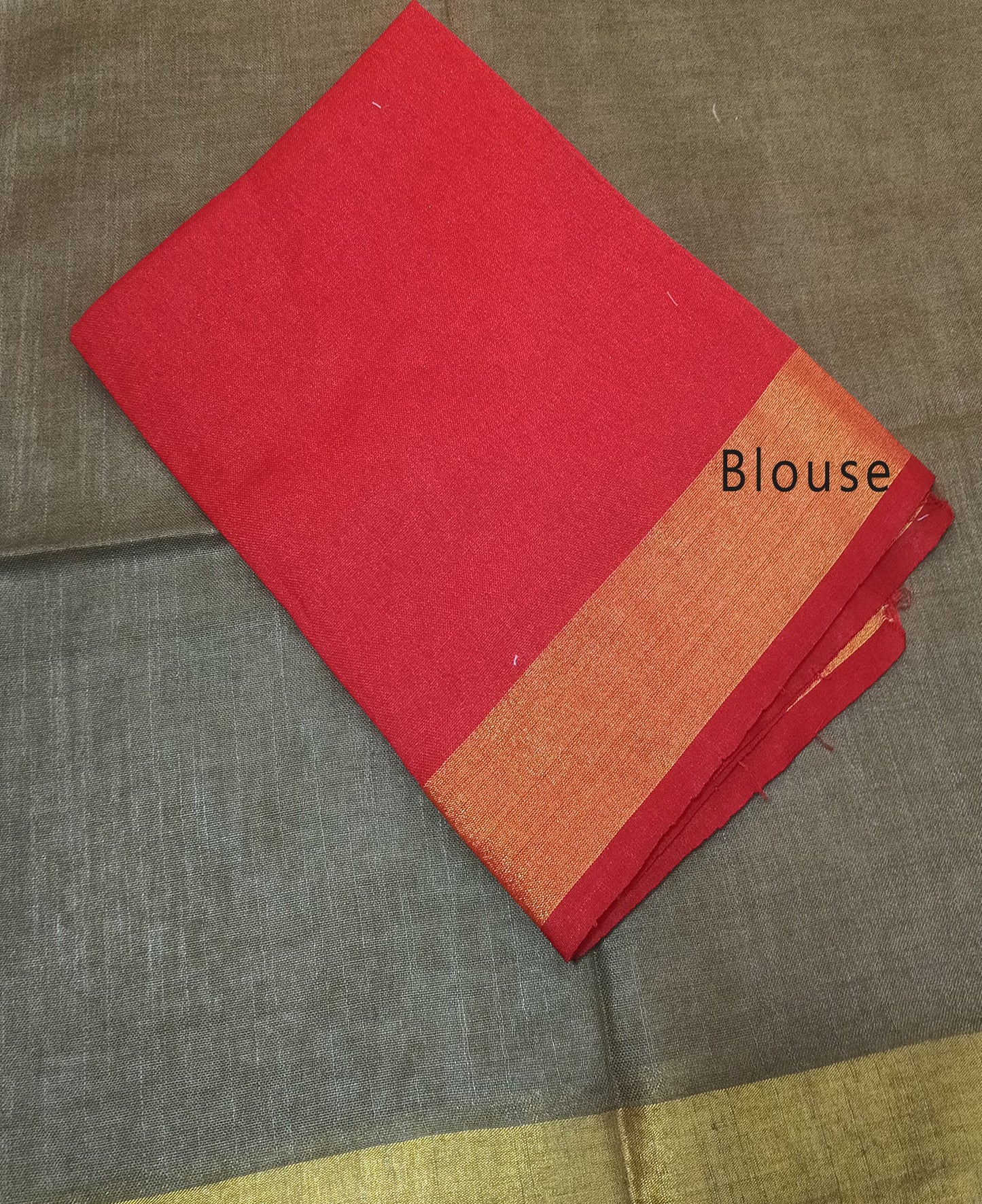 Earthy Brown Cotton Slub Saree with Golden Striped Pallu and Red Contrast Border