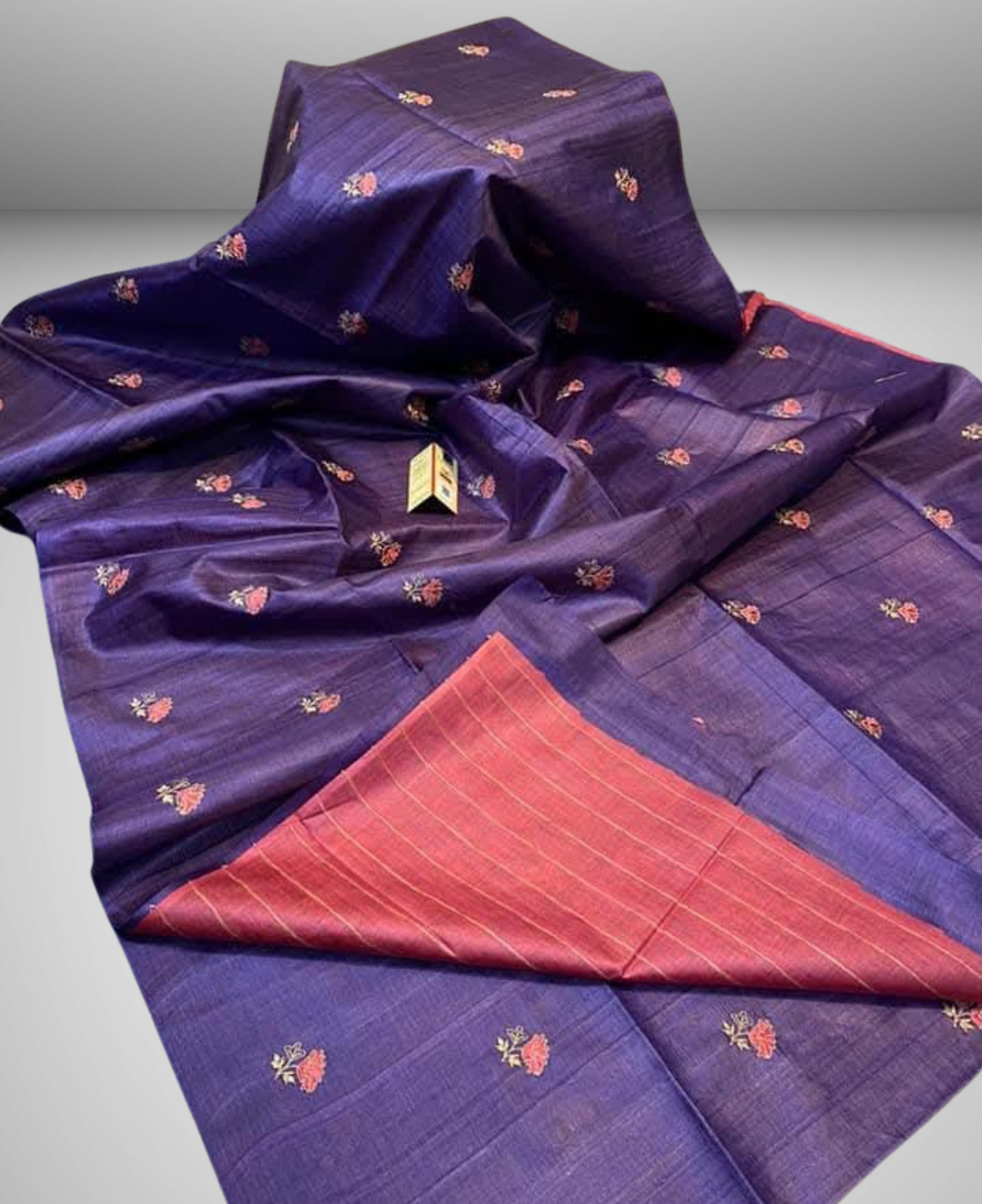 Embroidered Indigo Purple Tussar Silk Saree with Rose Pink Running Blouse