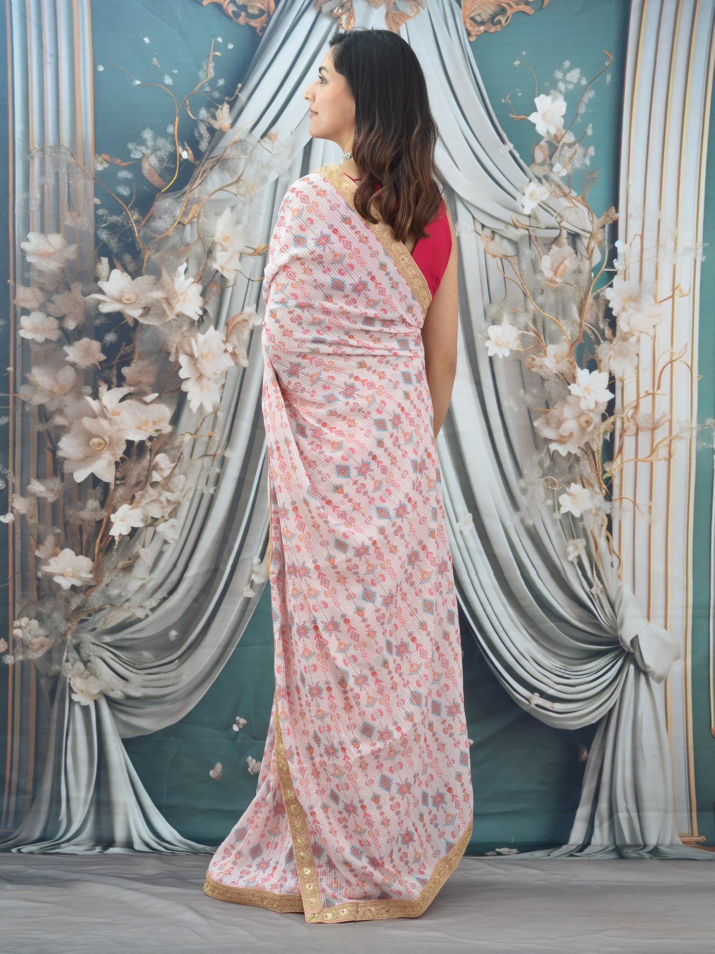 Embroidered Pink Georgette Saree
