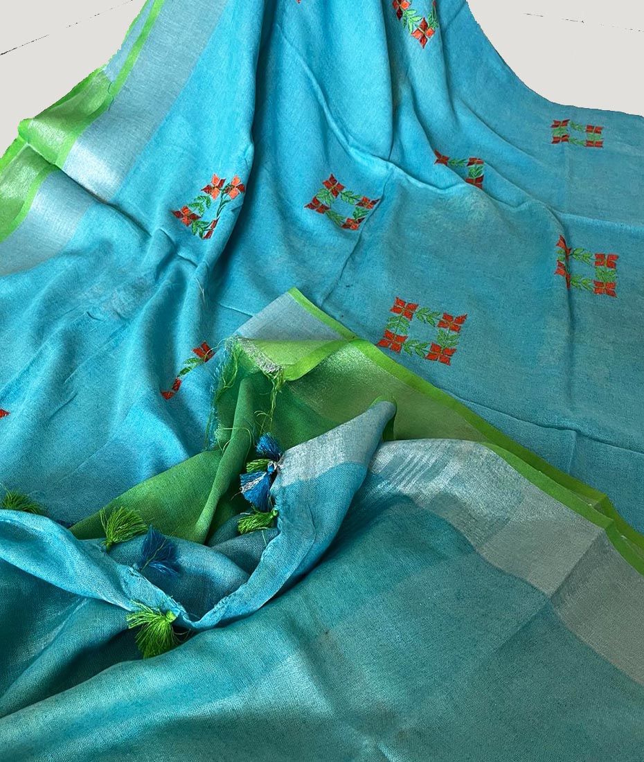 Embroidered Firozi Linen Saree | Peepal Clothing