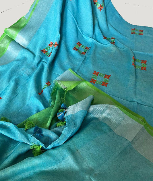 Embroidered Firozi Linen Saree | Peepal Clothing