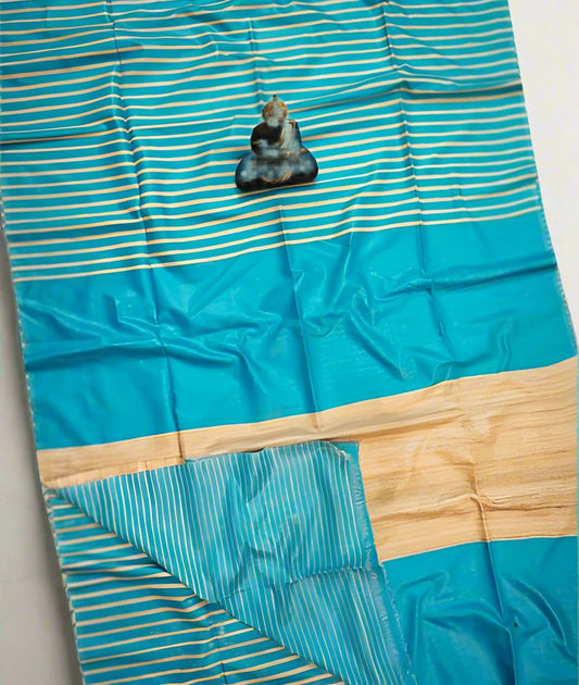 Firozi Striped Tusser Ghicha Silk Saree |Peepal Clothing