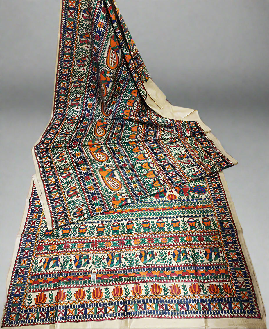 Fish and Peacock Motif Madhubani Hand Painted Desi Tussar Silk Saree